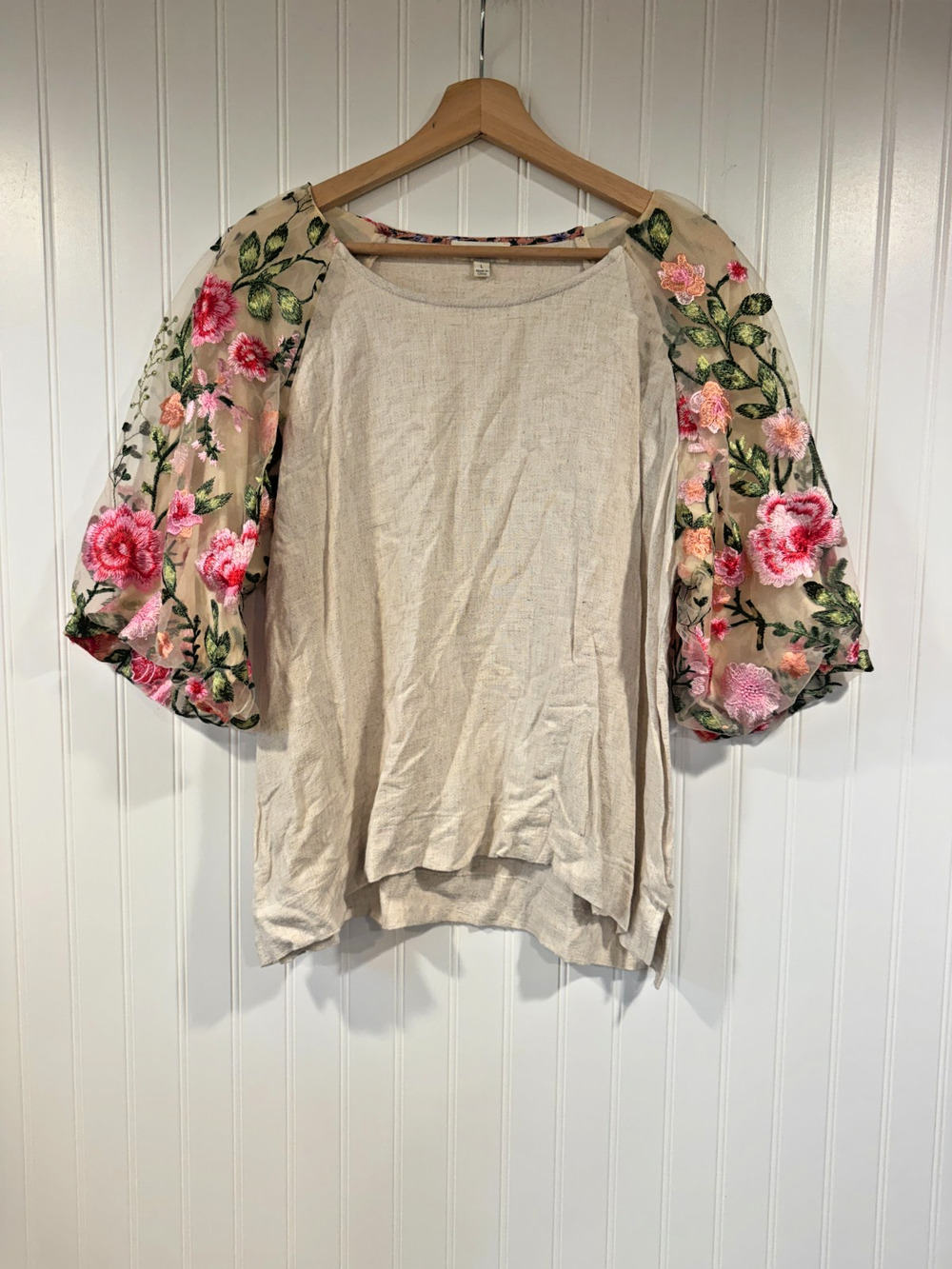 Umgee Blouse women's Large Lave Sleeves Beige Boho Western, Linen/Cotton